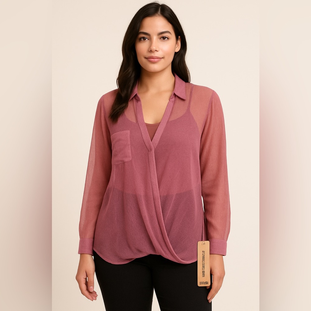 DKNY Sheer Purple crossover draped large new with tags top